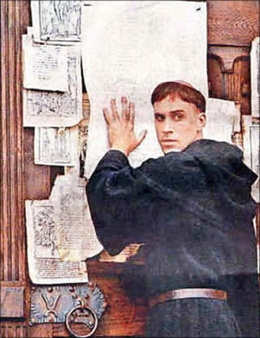 Martin Luther nailing the document to the church door on All Hallows Eve